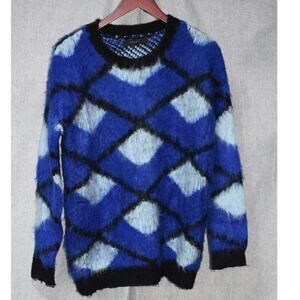 Veryell Blue & Black Argyle Fuzzy Mohair-Blend Sweater